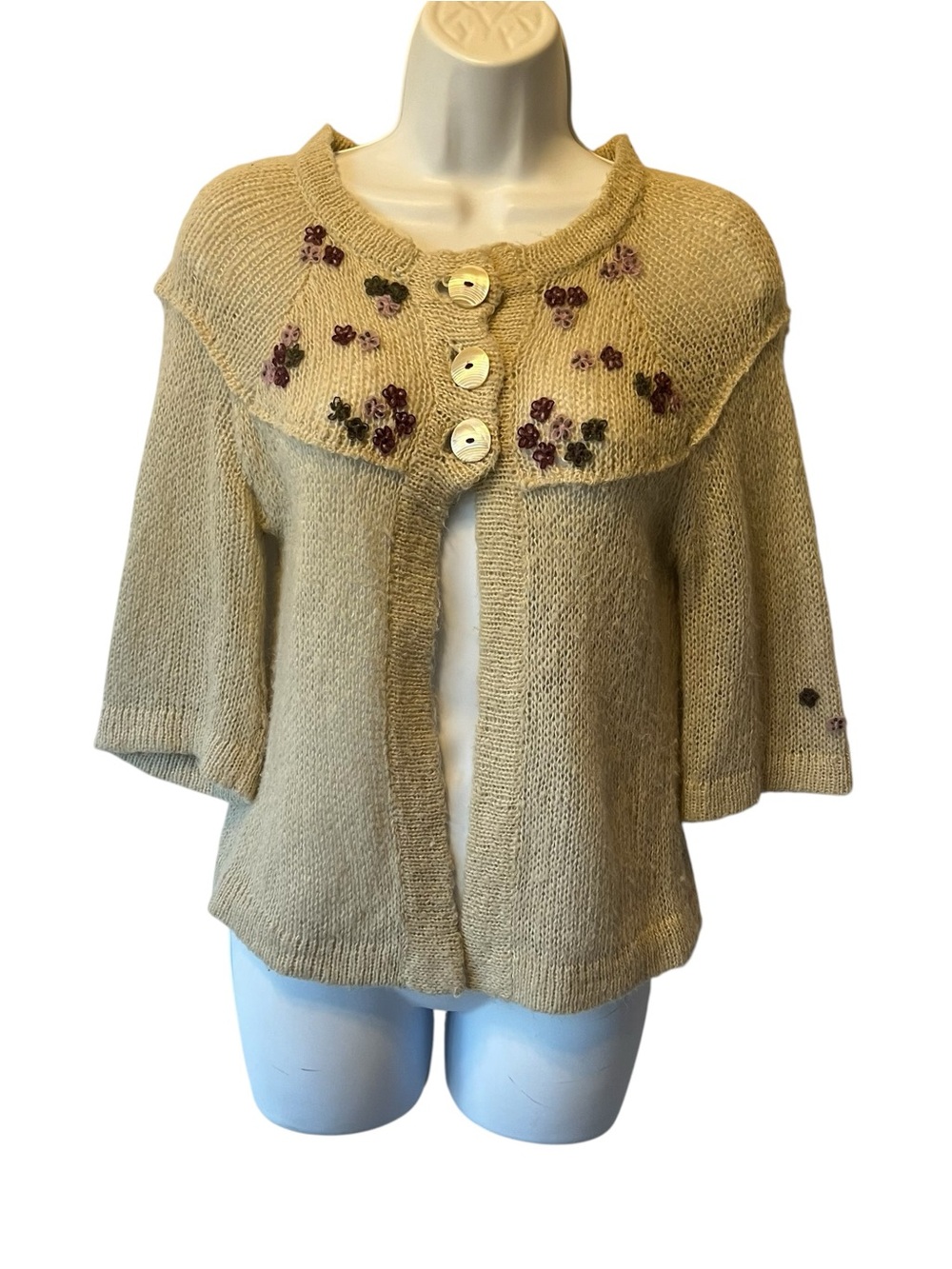 Wooden Ships Cardigan shrug sweater S M Mohair Wool Cream Flowers 3/4 sleeves